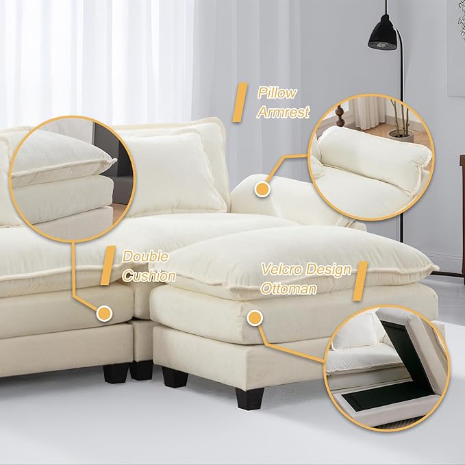 Modular Sectional Sofa 86 L Shaped Couch Set with Movable Ottoman Chenille Comfy Cloud Couch Sectional Set Extra Deep Seat Sofa with 2 Pillows for Living Room (White 2-Seat &amp 1-Ottoman)