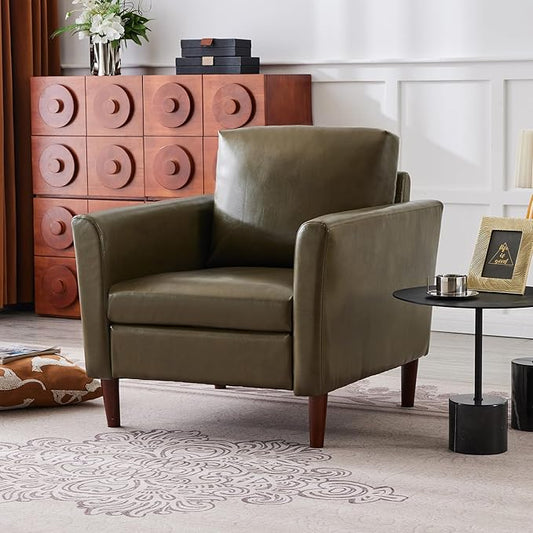 Kingfun Mid-Century Accent Chairs PU Leather Modern Upholstered Living Room Chair Cozy Armchair with Rolled Arms and Deep Seats Olive Green