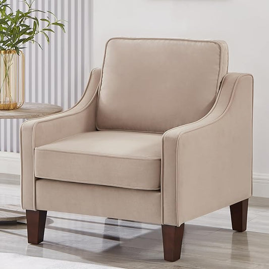 Velvet Upholstered Accent Chair Single Seat Sofa with Wooden Legs Modern Armchairs for Living RoomBedroom and Office Taupe