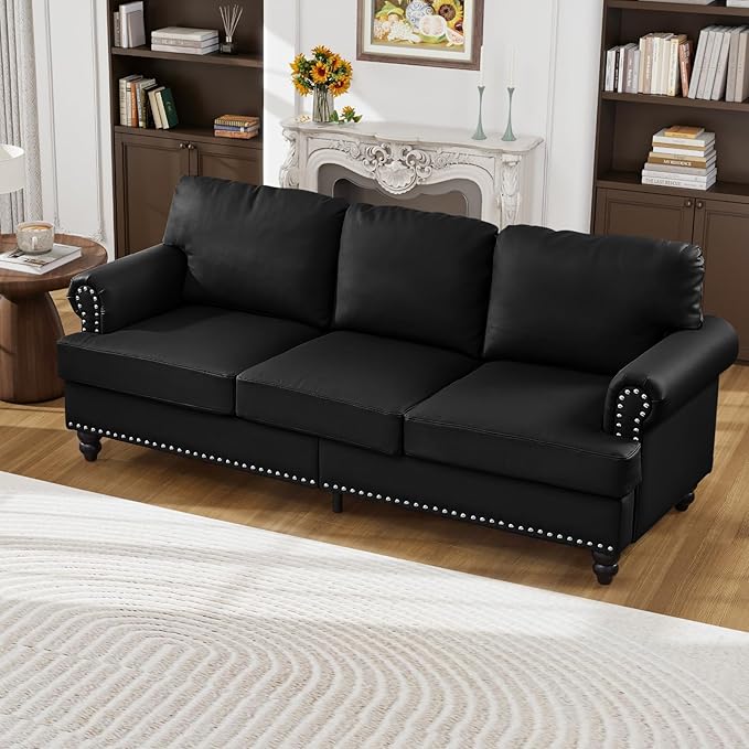 Couch and Loveseat Set Mid Century Chesterfield Faux Leather Vintage Retro Classic 3 Seater Loveseat Sofa Couch with Storage Nailhead Trim &amp Rolled Armrests for Living Room Bedroom Office Black