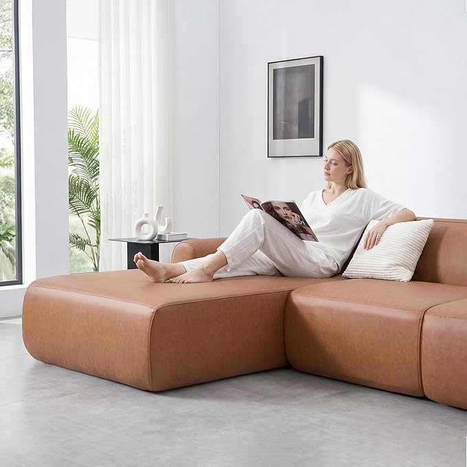 105” Modular Faux Leather Cloud Couch Deep Seat L-Shaped Sectional with Removable Wipe-Clean Covers and Replaceable Cover Design for Living Room (Orange 3 Seater+Left Facing Chaise)