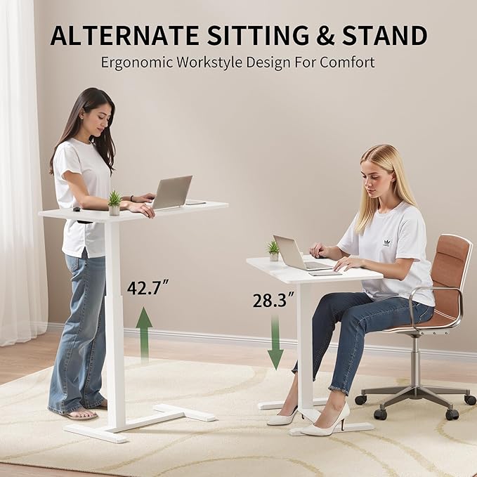 Rolling Standing Desk with Hidden WheelsOverbed Bedside Table Adjustable HeightPneumatic Laptop Desk Rolling Computer Cart for HomeOfficeWhite