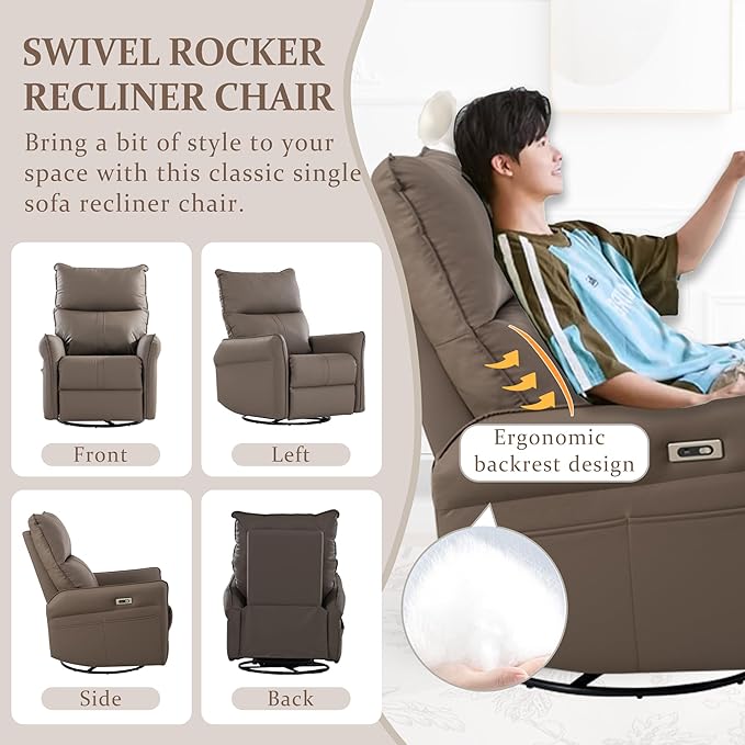 Power Swivel Rocker Recliner Chair for Nursery Upholstered 270° Swivel Glider Rocker Chair with USB Ports Small Power Recliners for Small Spaces Living Room (Brown)