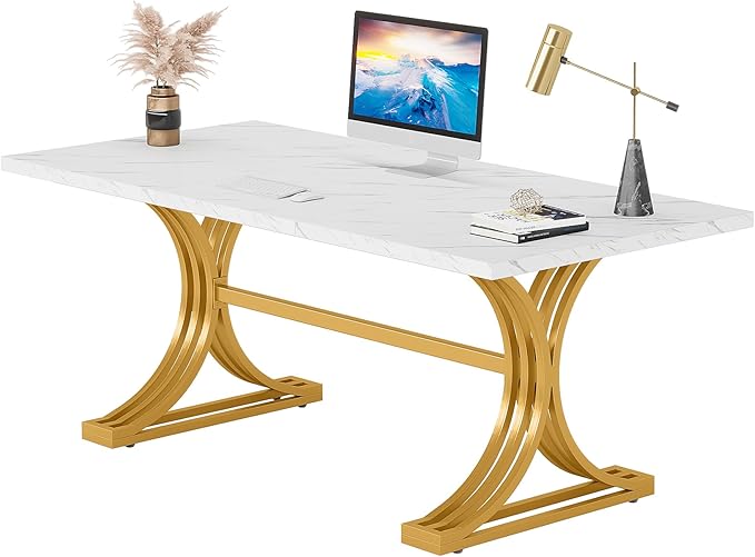 Tribesigns 63-Inch Large Office Desk Modern Rectangular Executive Desk with Stylish Gold Legs Wood Faux Marble Table Business Furniture for Home Office White and Gold
