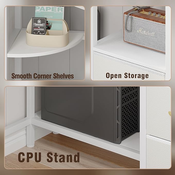 Corner Desk with 6 Drawers Shelves for Small Space Computer Desk with Power OutletsGaming Desk with Printer Monitor Stand Storage for Home Office Workstation Writing Table (White 31.5)