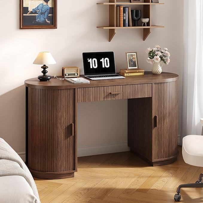 ONBRILL 58 Inch Fluted Executive Desk with Drawers Large Computer Desks with Storage Mid Century Modern Office Desk with Charging Station for Home Office Living Room Bedroom (Walnut)