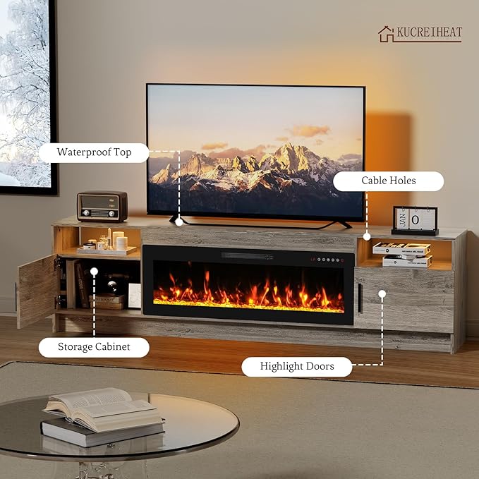 80'' TV Stand with 42''Fireplace-Grey Entertainment Center for 90 inch TV- TV Cabinet with LED Light Storage High Glossy Door Rustic TV Console for Living Room