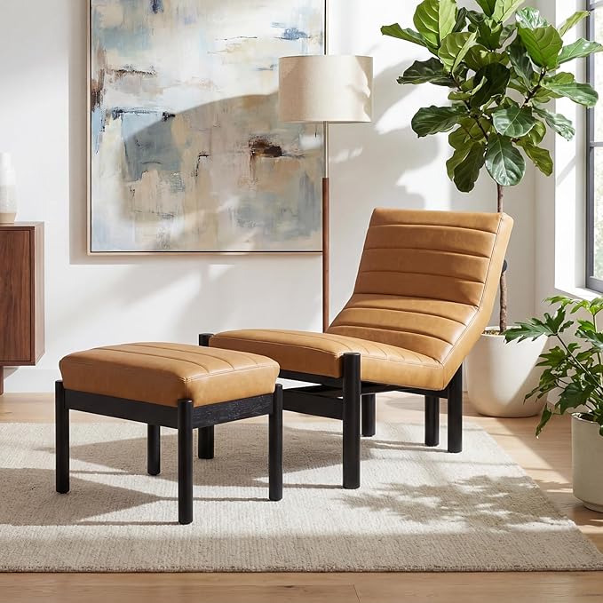 Upholstered PU Leather Accent Chair and Ottoman Set Modern Living Room Chair with Reclining Backrest and Footstool Small Reading Chairs for Living Room Bedroom Brown