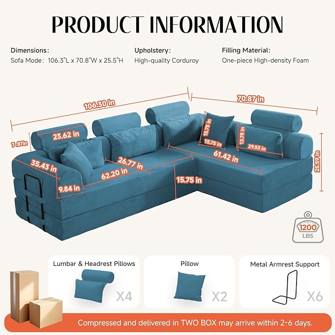 106 L-Shaped Modular Boneless Couch 2-Piece System (2×70.87) Convertible Sectional to 141.7 Straight Sofa Corduroy Couch in a Box Headrest &amp Back Pillows for Living Room Ocean Blue