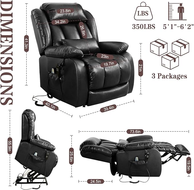 Infinite Position Lay Flat Lift Recliner Chair for Adults Dual Motor Power Lift Chair for Elderly with Massage &amp Heating Extended Footrest USB Ports Remote Control &amp Lumbar Pillow Leather