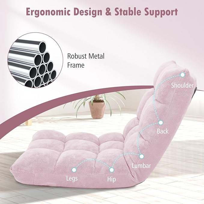 Moccha 14-Position Floor Sofa Folding Sofa Chair with Back Support Memory Foam Floor Gaming Chairs for Adults Adjustable Padded Couch Recliner Chaise Lounge for Reading Meditating (Light Pink)