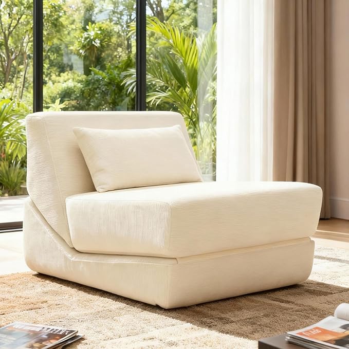 Folding Sofa Bed Chair 3 in 1 Convertible Sleeper Chair Bed w/Pillow Handle Floor Sofa Lounge w/Back Support &amp Removable Washable Cover for Living Room Bedroom Apartment (White) | Washable Cov