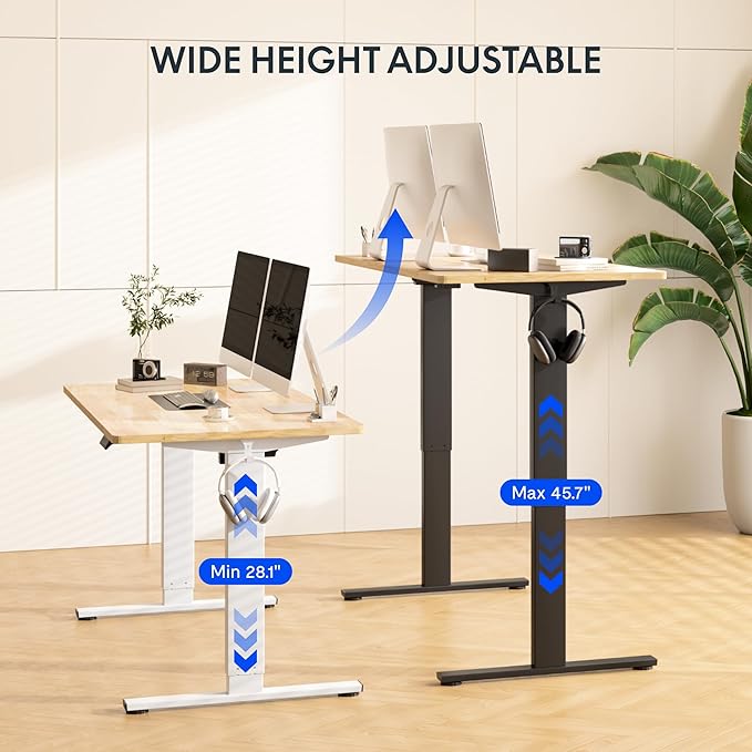 FLEXISPOT EN1 Solid Wooden Single-Piece Standing Desk 48 x 24 Inches Sit Stand Desks for Home Office and Gaming (White Frame + Rubber Wood Top 2 Packages)