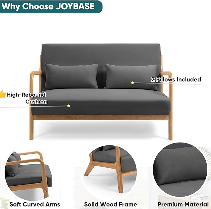 JOYBASE Loveseat Sofa for Small Space Mid-Century Modern Wood Love Seat Couch Sofa with Armrests for Living Room Apartment Office Bedroom (Dark Grey Fabric)
