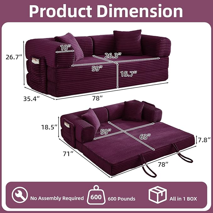 Convertible Folding Sofa BedFold Out Floor Sofa Couch with Fixed-Shape FrameCorduroy Foldable Mattress Cloud Couch for Living Room Bedroom (Purple-1 81 Inch)