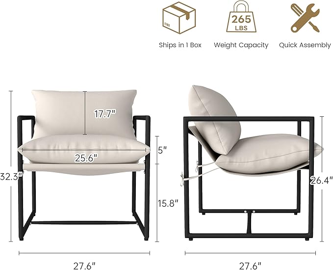 Kromax Sling Accent Chair Cozy Living Room Chairs Square Metal Frame Upholstered Soft Cushion Sponge 28 x28“x32 Easy Assembly Beige