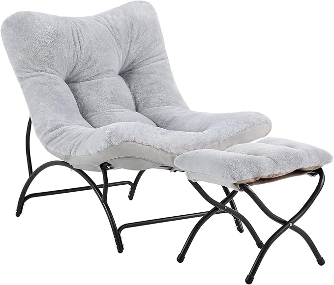 Tiita Accent Lazy Chair with Ottoman Comfy Lounge Chair with Metal Frame and Plush Fabric Thick Cushion Seated Cozy Recliner Chair for Reading Room Living Room Bedroom Office Light Gray