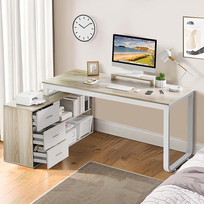 55 Inch L Shaped Desk with 3 Drawers White Desk with Storage Shelves Home Office Desk with Monitor Stand White and Walnut