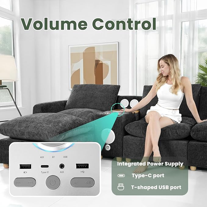 Brelice Modular Sofa Console with Wireless Charging &amp Bluetooth Speaker - All-in-One Armrest Organizer with Wired Charging Storage Tray Volume Control for Sectional Couch Living Room