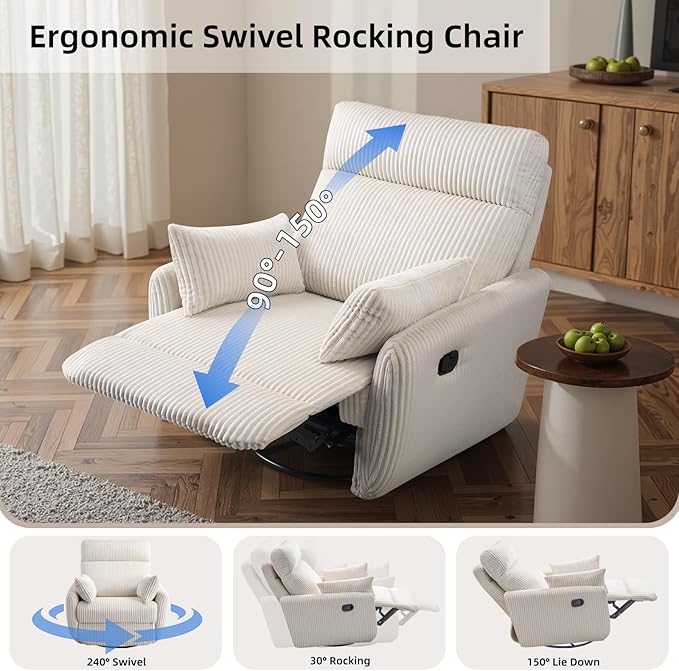 Swivel Recliner Chair for Adults Corduroy Nursery Glider Rocking Chair Armchair with 2 Pillows Comfy High Back Reclining for Small Spaces Nursery Bedroom Living Room (Corduroy Beige 1 Pack)