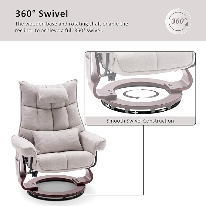 MCombo Swivel Recliner with Ottoman TV Chair Sets with Vibration Massage Ideal for Small Space Living Room &amp Bedroom 4188 (Beige)