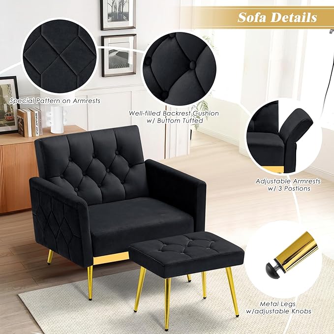Velvet Accent Chair w/Adjustable Armrests and Backrests Tufted Single Sofa with Ottoman Upholstered Reading Chiar for Living Room Apartment Bedroom Black