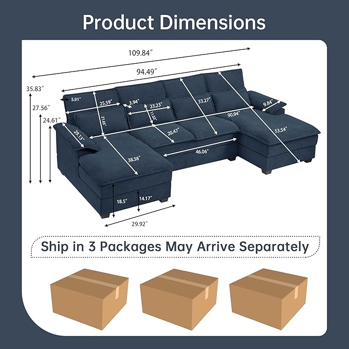 110 Comfy Cloud Couch Sectional Sofa with Lumbar Pillows Modern U-Shaped Cloud Sofa with Double Chaise &amp Deep Seat for Living Room or Office Easy Assembly Dark Blue