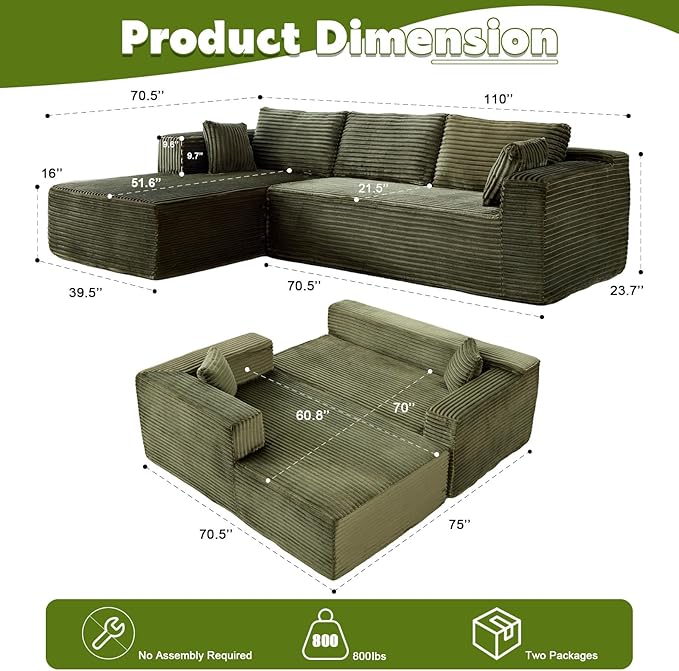 110” Cloud Sectional Couch with ChaiseOversized Modular Sofa with Deep Seat and Boneless DesignVacuum Compression Packed Corduroy Couch for Living Room BedroomNo Assembly RequiredGreen