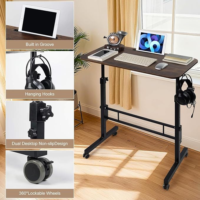 Standing Desk Adjustable Height Rolling Walking Pad Desk Small Mobile Table with Wheels Portable Stand Up Table for Standing or Sitting Size 31.5x15.7 Inch Rustic