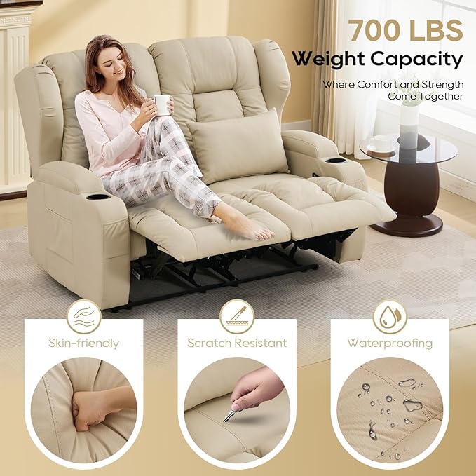 IPKIG 54 Loveseat Recliner Sofa - 2 Seater Reclining Sofa with Side Pockets Cup Holders Lumbar Pillows Manual Recliner (Beige 54 Loveseat)