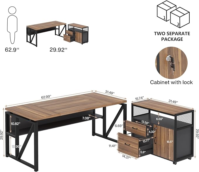 Tribesigns 63 Executive Desk with Reversible File Cabinet Large L-Shaped Office Desk with Drawers Business Furniture Workstation for Home Office