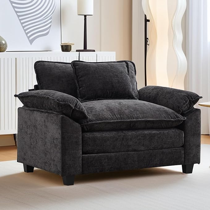 URRED Cloud Couch Accent Chair Oversized Chenille Armchair with Deep Wide Seat and Upholstered Armrests Black – Modern Lounge Chair for Bedroom or Living Room