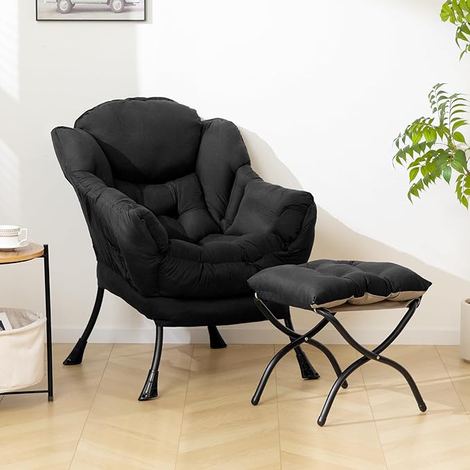 HollyHOME Lazy Chair with Foldable Ottoman Accent Comfy Lounge Armchair and Folding Footrest Stool Leisure Sofa Reading Chair and Footstool for Living Room Bedroom DormPeachskin Fabric Black