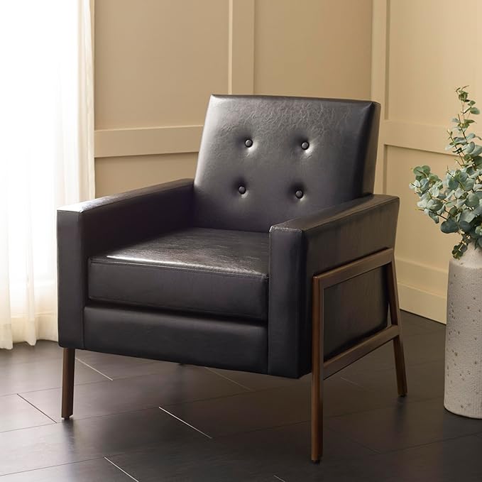 SAFAVIEH Home Collection - Roald Accent Chair Black Faux Leather Tufted Seat &amp Antique Brown Solid Wood Frame (ACH6209D)