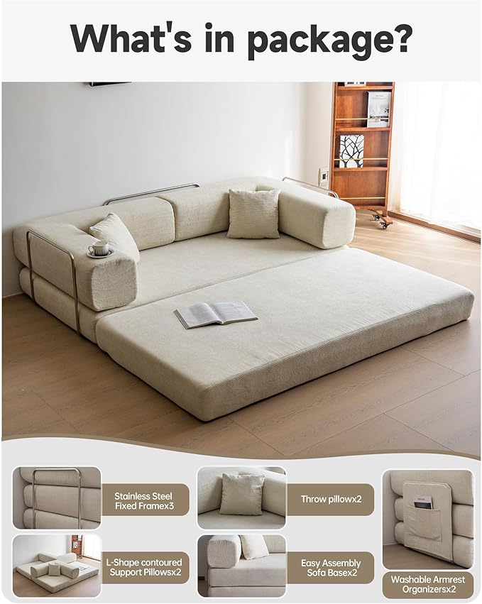 No Assembly Convertible Sofa Bed &amp 79 Boneless Couch with Pocket  5-in-1 Futon Sofa Bed with 2 Pillows Modular Pull Out Couch Bed with FrameCompression in Box for Living Room Small Spaces Beige