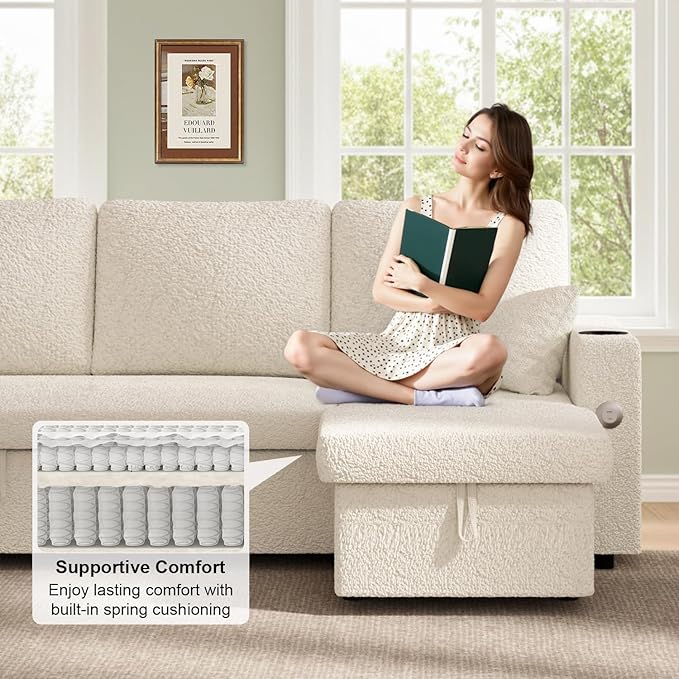 82 Inch L-Shape Sectional Couch 4-in-1 Multifunctional Pull-Out Couch Sleeper Sofa with Storage Chaise Charging Station Cup Holder for Living Room/Office/Apartment (White)