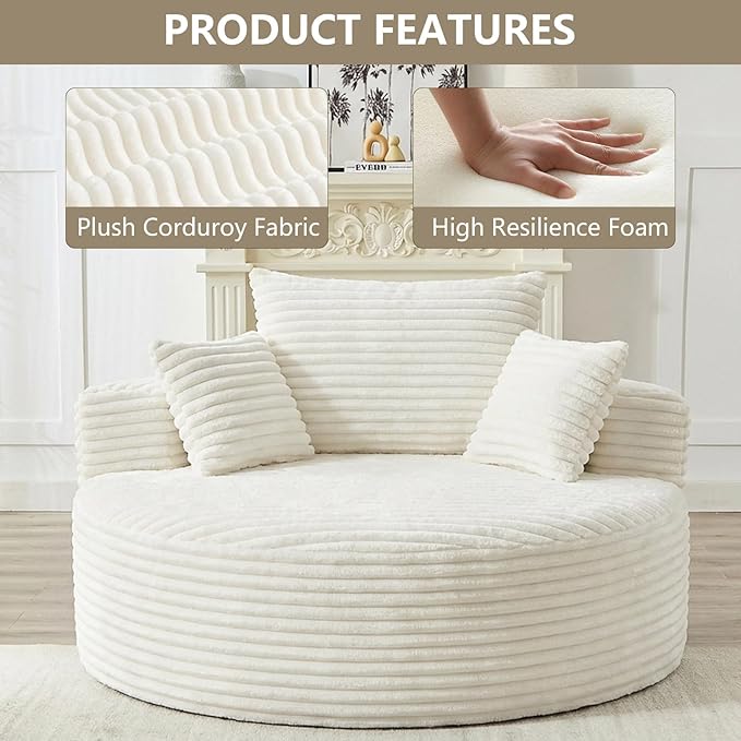 55 L Corduroy Sponge Single Sofa Oversized Round Chair Fluffy Modern Sleeper Chairs for Living Room Lounge and Projection Room Wide Armrest Lounge Chairs Armchair with Pillow White