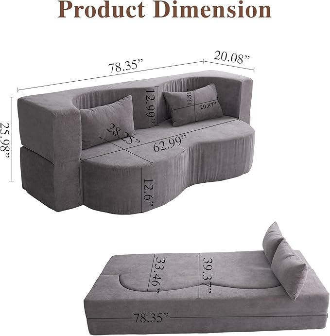 Convertible Sofa Bed 78'' Queen Size Folding Sleeper Sofa with Pillow 2-in-1 Teddy Fabric Boneless Loveseat Floor Couch &amp Mattress for Living Room Guest Room No Assembly Required (Grey)
