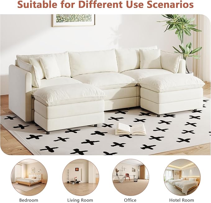 Setawix Deep 3 Seater Couch with Ottomans112.2 U-Shaped Cloud Couches for Living RoomChenille Cloud Sofa Couch with Deep SeatModular Sectional U Shape 3 Seat Sofa for Bedroom (Beige 3+2)