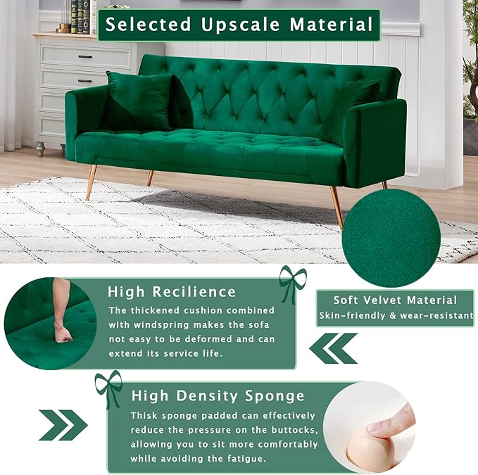 KINFFICT Velvet Futon Sofa Bed with 2 Pillows Convertible Sleeper Sofa Couch with 3 Angle Adjustable Backrest Modern Loveseat with 4 Golden Metal Legs for Living Room and Bedroom