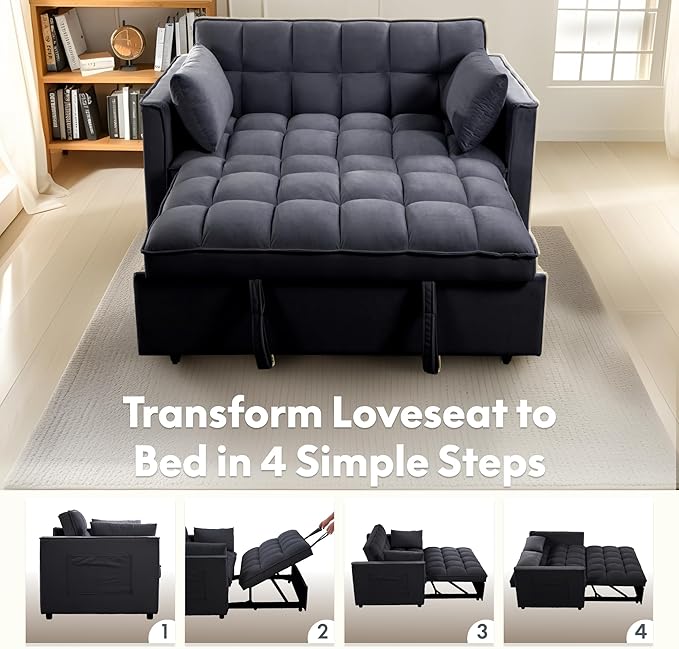 FLEXISPOT XCT4 Pull Out Couch 3-in-1 Sleeper Sofa Bed with Adjustable Backrest Loveseat Sleeper with Pillows &amp Side Pockets Convertible Futon Couch for Small Spaces Guest Room Apartment Black