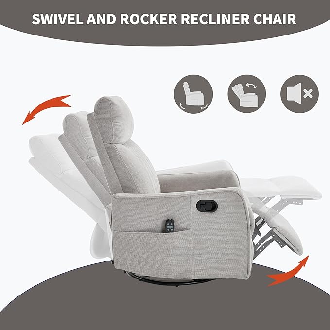 KEIKI Swivel Rocker Recliner Chair with Massage and Heated Pad for Nursery Soft Fabric Glider with 360 Degree Rotation and Manual Recline