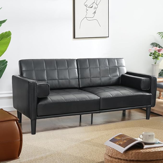 70” Mid-Century Modern Couch Breathable Faux Leather Couch with Upholstered Cushions/Pillows Loveseat Sofas &amp Couches for Living Room (Black)