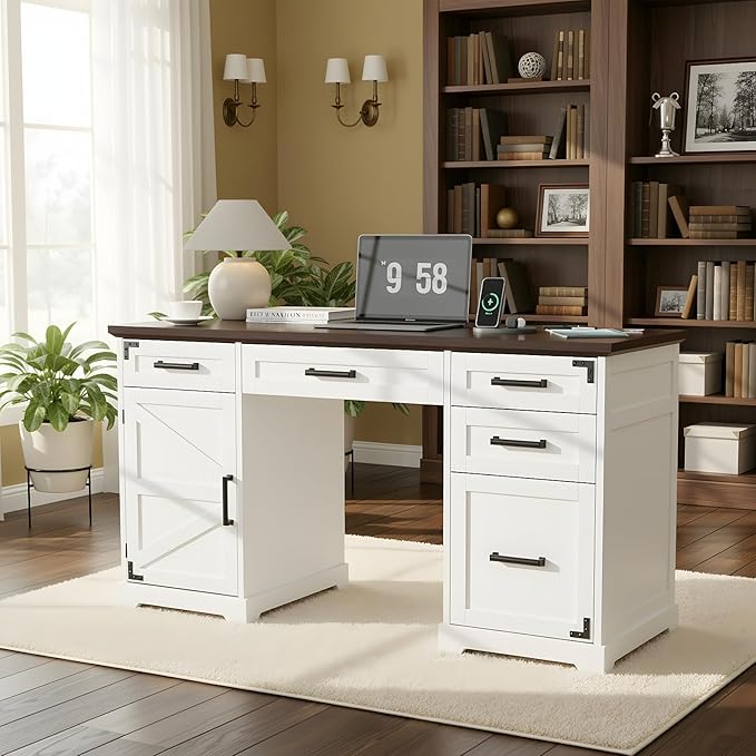 VOWNER 55 Executive Desk Home Office Desk with Drawers and Storage Cabinet Farmhouse Wood Desk Workspace for Work Study Writing Charging Station Letter/A4 File Drawer White