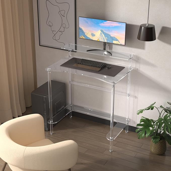 2Tier Acrylic Clear Desk 31.5x19.7x29.5 inch Computer Desk Home Office Desk Writing Table Furniture 0.47inch Thickness