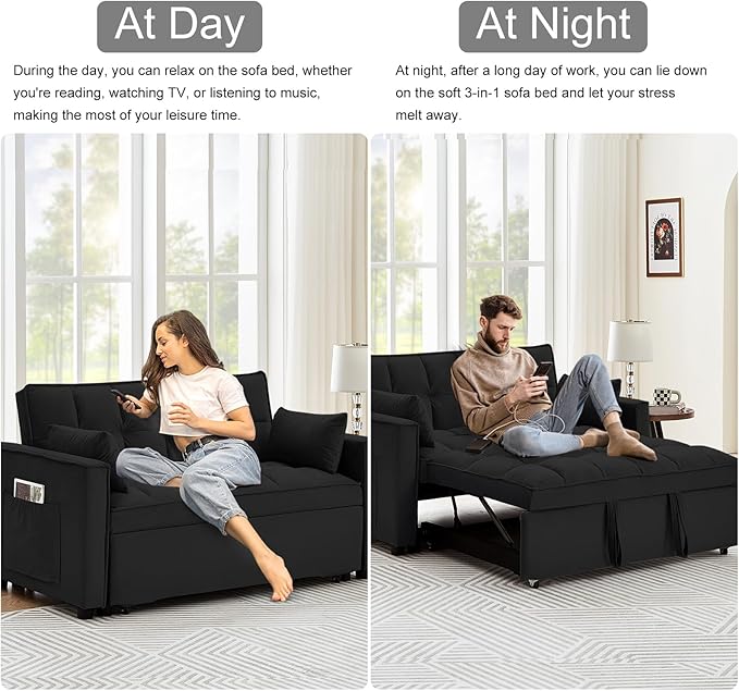 3 in 1 Convertible Sleeper Sofa Bed 55 Pull Out Couches Modern Loveseat Sleeper Sofa with Adjustable Reclining Backrest &amp Side Pockets for Living Room Velvet Fabric Classic Black
