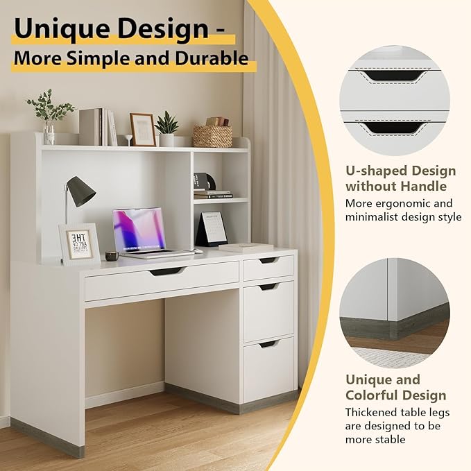 White Desk with Hutch 53 Inch Computer Desk with Storage File Drawer White Study Desk with 4 Drawers for Bedroom Small Space