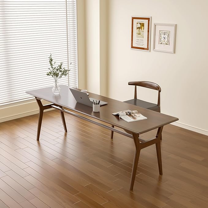 Solid Wood Study Desk - 78.8 Double Long Computer Table for Home Office 2-Person PC Workstation Walnut