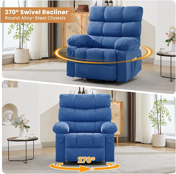 Swivel Rocker Recliner Chair for Adults 360° Upholstered Manual Recliners for Small Spaces Single Seat Glider Reclining Chair with Side Pockets Ergonomic Reading Chair for Living Room RV Bedroom