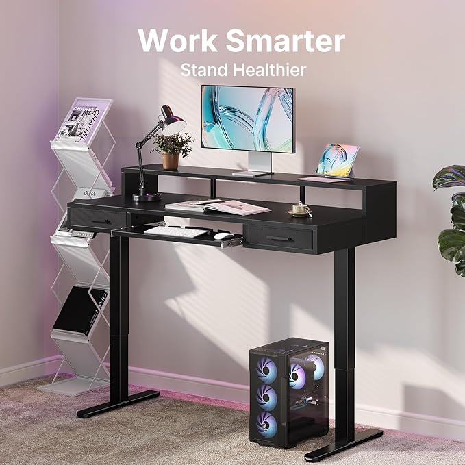 HUANUO 55″ x 26″ Electric Standing Desk with 2 Drawers &amp24.4″ Large Keyboard Tray C-Clamp Mount Compatible Adjustable Computer Desk for Office Sit Stand Up Desk with 4 Height Presets Black